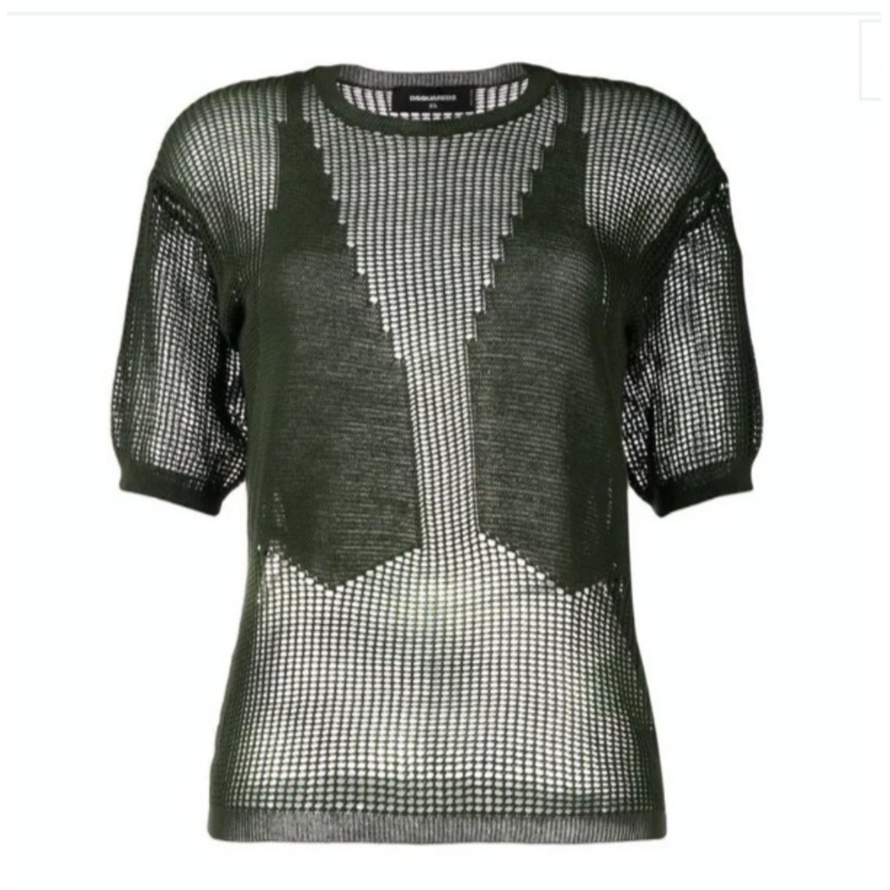DSQUARED2 Knitted Solid & Mesh Green Top‎ Crew Neck Short Sleeve Waist Tie SZ S